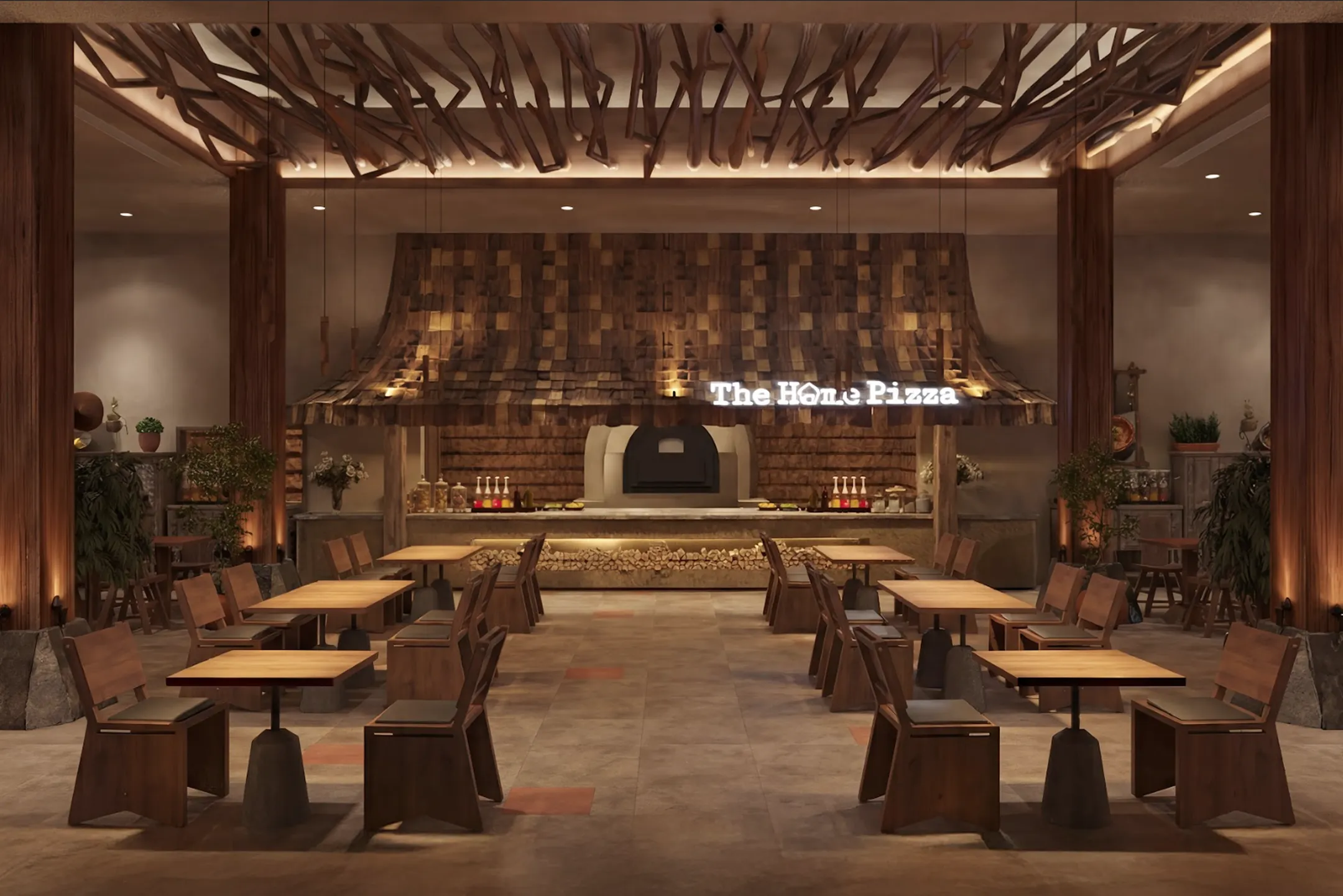 Gian nhà chính và lò nướng củi tại The Home Pizza Signature Nha Trang